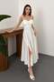 Women's White Strapless Long Evening Dress with Cups and Slits, Atlas Textured - 2