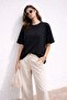 Women's Black Oversize T-Shirt O-Neck Short Sleeve Plain Single Jersey Fabric Casual