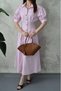 Women's Pink Shirt Collar Balloon Sleeve Pleated Buttoned Midi Poplin Dress - 4
