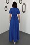 Women's Cobalt Blue Polka Dot V-Neck Buttoned Short Sleeve Slit Flared Maxi Dress - 5