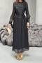 Women's Black Long Gathered Cuffed Belted Pleated Lined Event Dress - 5