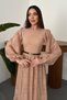Women's Beige Lace Maxi Dress Long Balloon Sleeve Gathered Skirt Round Neck - 3