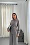 Women's Gray Double Suit Shirt Collar Belted Wide Leg Straight Woven Long Sleeve - 3