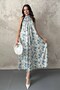 Women's Blue Floral Patterned Halter Neck Gathered Strapless Maxi Dress