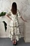 Women's Black Square Neck Balloon Sleeve Floral Patterned Layered Flounce Midi Dress - 5