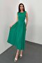 Women's Green Sleeveless Round Neck Gathered Side Midi Length Flared Dress - 2