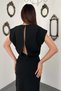 Women's Black Dress with Flounces, Slits, Draped Waist Detail, Maxi Satin Dress - 4