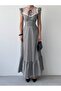 Women's Black Midi Dress with Plaid Pattern, Lace Collar, Ruffle Sleeves and Flounces - 2