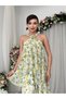 Women's Sari Chiffon Floral Patterned Halter Neck Layered Flounce Long Dress
