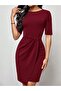 Women's Short Sleeve Crew Neck Front Gathered Mini Imported Crepe Dress