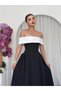 Women's Black Dress Strapless Collar Contrast Detailed High Waisted Long Evening Dress - 7