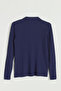 Ribbed Knitwear Rayon Blouse - Navy Blue - 3