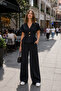 Women's V-Neck Double Buttoned Waist Belt Detailed Wide Leg Pocketed Trouser Suit
