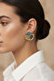 Yellow Tone Fan Design Blue Enamel Detailed Bijouterie Earrings - 2