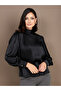 Long Volume Sleeves High Neck Satin Top - 3