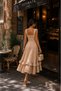Brown and White Gingham Skirt with Ruffle Detail at the Hem, Square Collar, Mid-Length Dress - 5