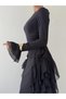 Women's Black Midi Dress with Crew Neck, Long Sleeves, Side Ruffle Detail, Atlas Fabric - 7