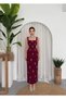 Women's Burgundy Midi Dress with Square Collar, Stone Detail, Straps and Body-Fitting Fit - 6