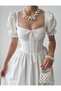 Women's White Midi Dress Square Neck Balloon Sleeves Bow and Lace Detailed Poplin - 4