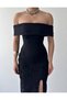 Women's Black Strapless Midi Dress Boat Neck Floral Appliqué Slit Atlas - 7