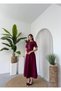 Women's Burgundy Midi Dress with Stone Bow Detail, Crew Neck, Short Sleeves - 7