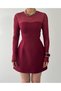 Women's Burgundy Mini Dress Transparent Tulle Long Sleeve A-Line Event Style - 7