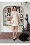 Women's Ecru Mini Dress with Polka Dots, High Neckline, Chest Cutout, Balloon Sleeves - 6