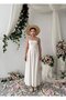 Women's Beige Midi Dress with Thin Straps, Square Neckline, Embroidered Pattern, Gathered Skirt - 6