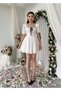 Women's White Mini Dress with Scallop Embroidery, Balloon Sleeves, Ribbon Detail, Square Collar - 7