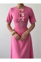 Women's Pink Midi Dress with Stone Bow Detail, Crew Neck, Short Sleeves - 7