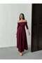 Women's Burgundy - Bordo Boat Neck Floral Appliqué Detailed Waist Fitted 3/4 Sleeve Maxi Dress
