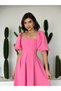 Women's Pink Midi Dress Square Neck Balloon Sleeves Pleated A-Line Woven - 3