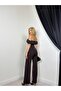 Women's Coffee Blouse Pants Set Carmen Collar Buttoned Pocket Flap Wide Leg - 3