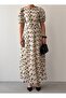 Women's Black Midi Dress Crew Neck Floral Patterned Balloon Sleeves A-Line - 2