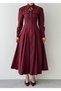 Women's Burgundy Poplin Shirt Collar Long Sleeve Buttoned Cover Detailed Midi Dress - 7