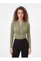 Women's Çağla Double-Breasted Collar Shoulder Pleated Padded Gathered Detailed Sandy Fabric Blouse - 3