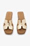 Gold Color Genuine Leather H-Strap Women's Flat Slippers - 6