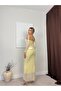 Women's Yellow Strapless Lace Sleeves Asymmetrical Cut Fish Form Maxi Evening Dress - 4