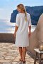 White V-Neck 3/4 Sleeve Lined Embroidered Casual Cotton Woven Dress with Hidden Pockets 107 55 - 8