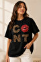 Unisex Black T-Shirt Lip Print Leopard Oversize - 3