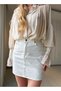 Ecru Embossed Patterned Mini Denim Skirt - 7