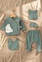 Sage Green Teddy Bear Embroidered Baby Boy Ribbed Cotton 5-Piece Newborn Hospital Release and Baby Set - 5