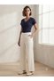 Women's Navy Blue V-Neck Ribbed Short Sleeve Knitwear Blouse Casual Stylish Basic Top - 3