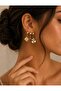 Set of 3 Gold Steel Earrings with Clover and Evil Eye Beads