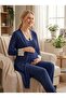 New Season Navy Blue Polka Dot Lace Detailed Buttoned Design Short Sleeve 100% Cotton Maternity Maternity Dressing Gown Pajama Set - 7