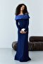 Navy Blue Madonna Collar Beaded Embroidered Long Sleeve Evening Dress - 3