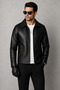 Men's Black Regular Fit Zippered Classic Collar Stylish Casual Leather Jacket - 4