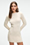 Encanto Women's Round Neck Stripe Pattern Slim Fit Ecru Dress