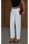 Women's Ecru High Waist Belt Detailed Piped Leg Cotton Jean Trousers
