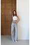 Women's Gray Wide Leg Jean Trousers with Low Waist and Reverse Belt Detail - 2